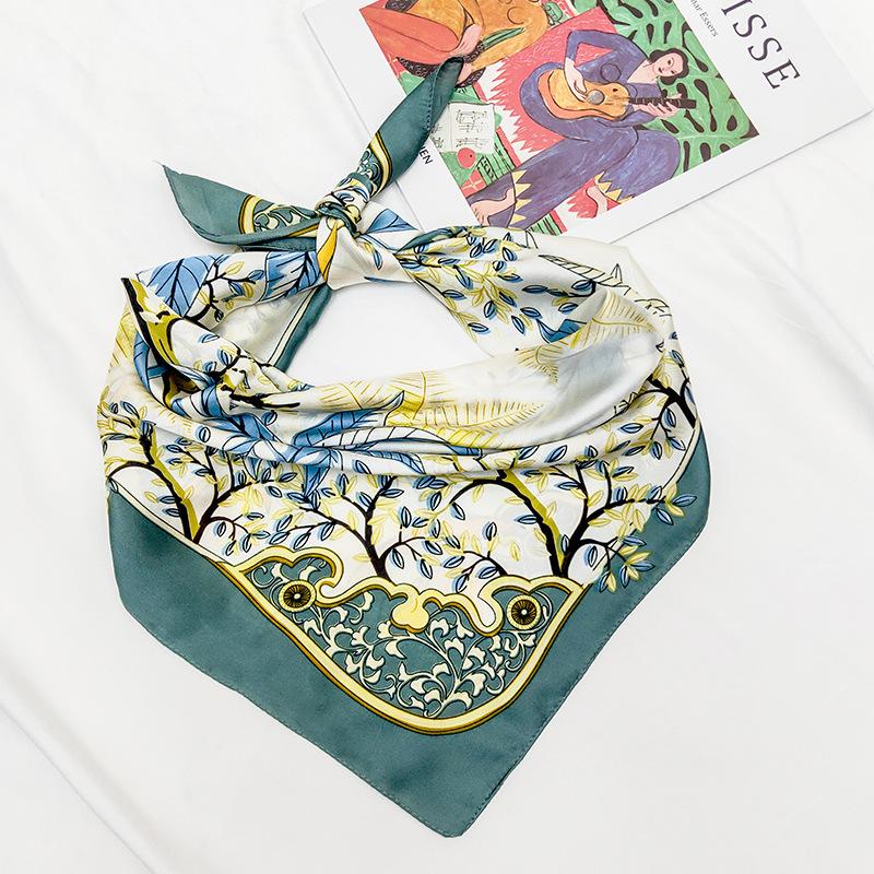 Spring and Summer 71 Square Scarves Fashionable New Simulated Silk Green Plant Square Scarves Simple and Light Simulated Silk Scarves Small Scarves