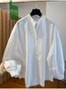 Beautiful Pearl Buckle White Shirt Women's Long Sleeves 1116 New High-end Loose Casual Cotton Lantern Sleeve Top