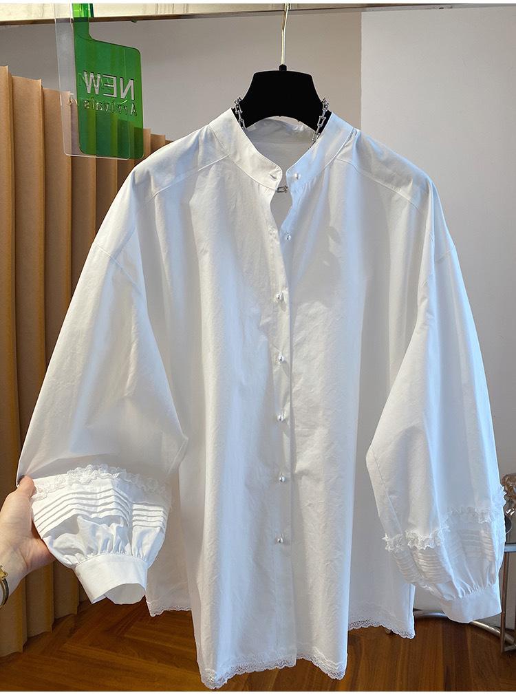 Beautiful Pearl Buckle White Shirt Women's Long Sleeves 1116 New High-end Loose Casual Cotton Lantern Sleeve Top
