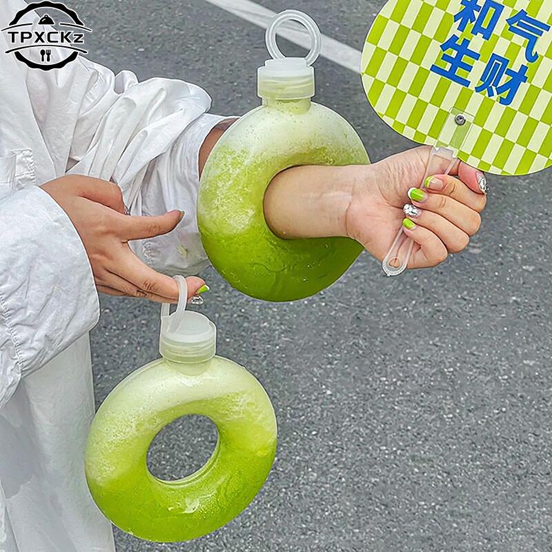 Cute Donuts Water Bottle For Kids Cartoon Silicone Portable Travel Round Cup Portable Anti Fall Plastic Cup Kids Gift 500ml