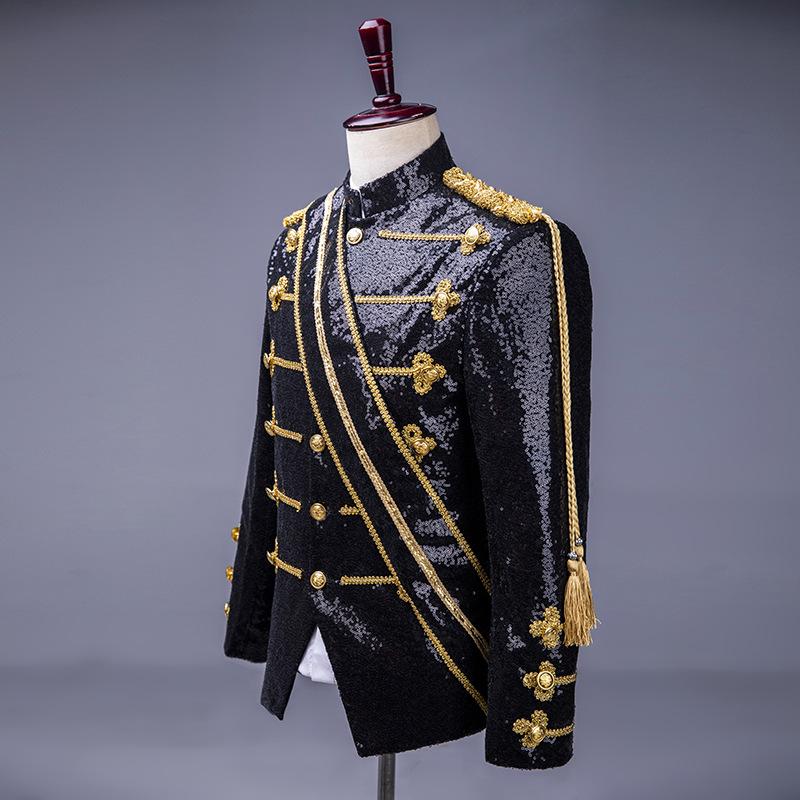 Masculino Lantejoulas Pretas Estilo Palácio Europeu Stylist Nightclub DJ Dourado Costurado Fantasia de Performance Vestido de Performance