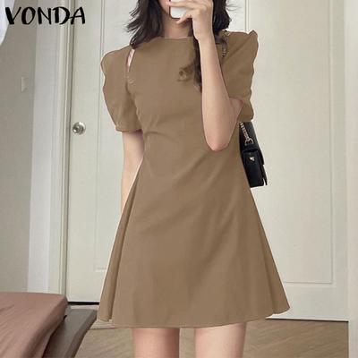 Women Summer Round Neck Puff Short Sleeve A-Line Dresses