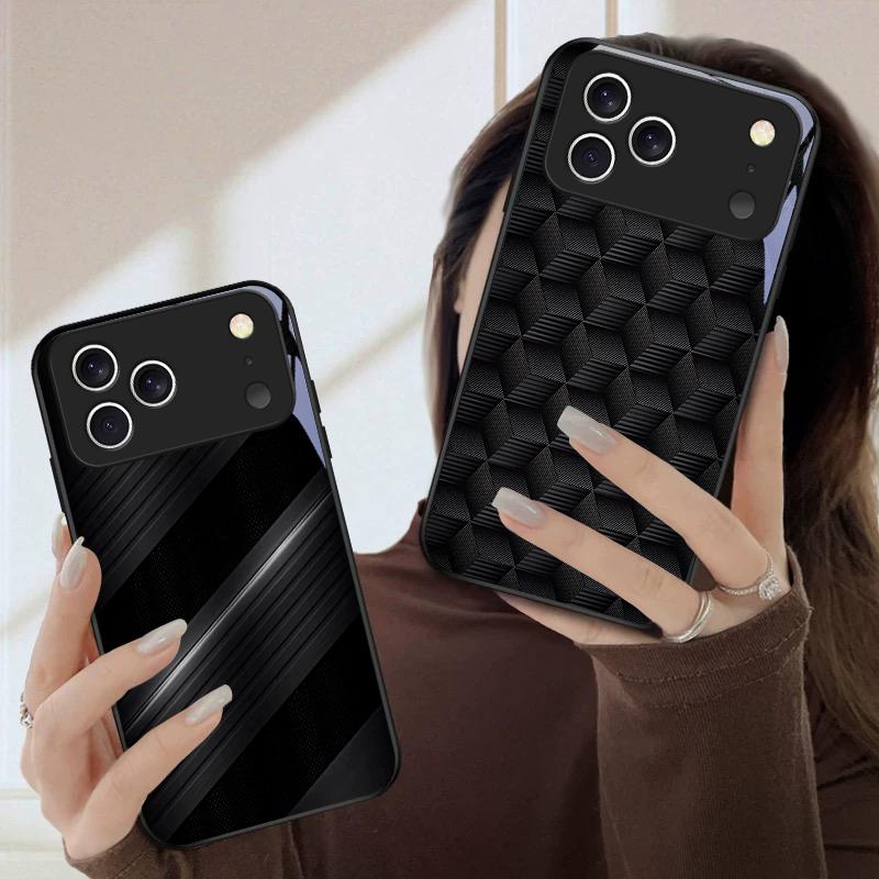 Dark Geometric Texture For iPhone 17 Pro Max 16 E 15 Plus 14 Pro 13 12mini 11 Air XS Max 5 6 7 8Plus SE Black Glass Phone Case