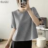 ZANZEA Women Casual Round Neck Grid Print Summer Short Sleeve Blouse