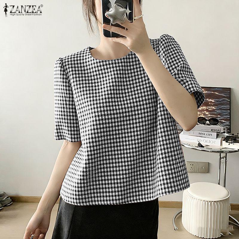 ZANZEA Women Casual Round Neck Grid Print Summer Short Sleeve Blouse