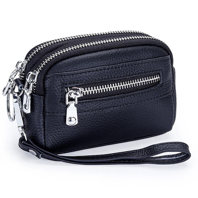 

Женский мини-клатч: Кошелек для монет из натуральной кожи с двойной молнией и большой вместимостью - Первый слой коровьей кожи чёрный