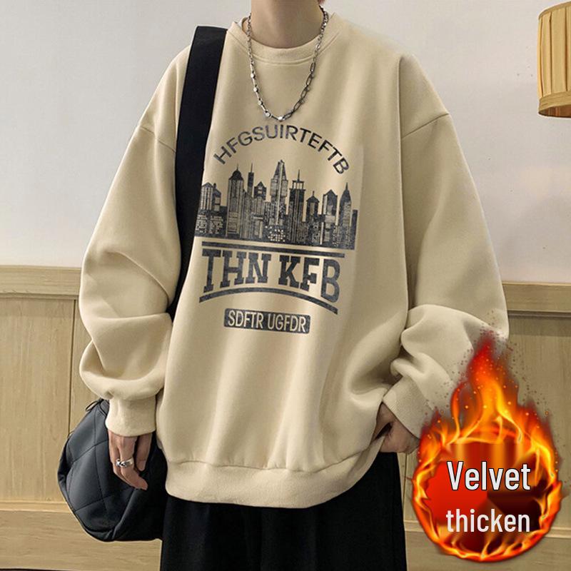 Мужская толстовка с принтом в корейском стиле - Весна/Осень 2025, С начесом, Свободный крой, Модная гонконгская мода 3XL