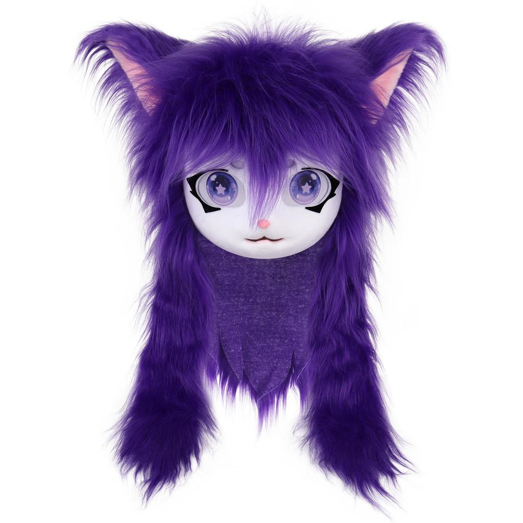 Cute Plush Furry Full Head Cat Mask Long Fur Big Heart Shaped Eyes Cosplay Costume Prop For Carnival Party Anime Role Play Coser