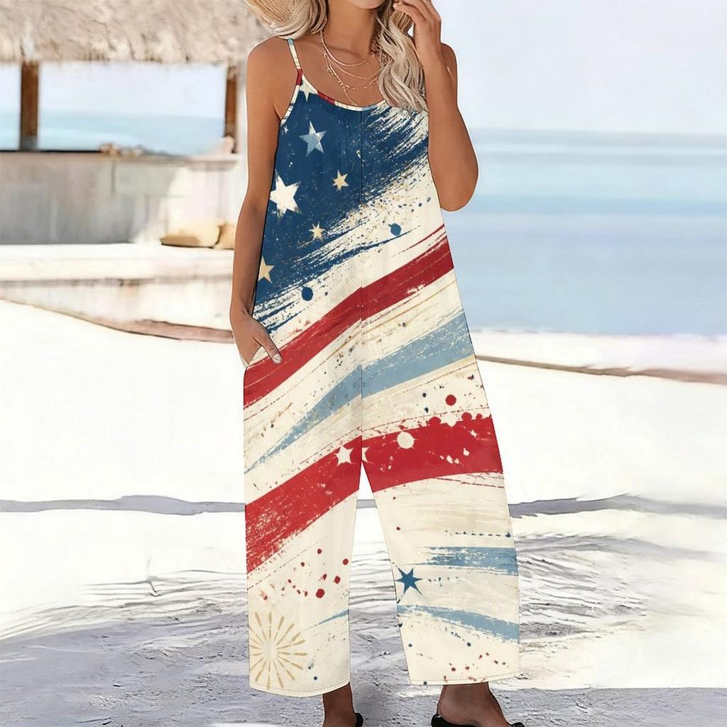 Women Spaghetti Strap Jumpsuit Rainbow Heart Star Print Wide Leg Pants With Pockets