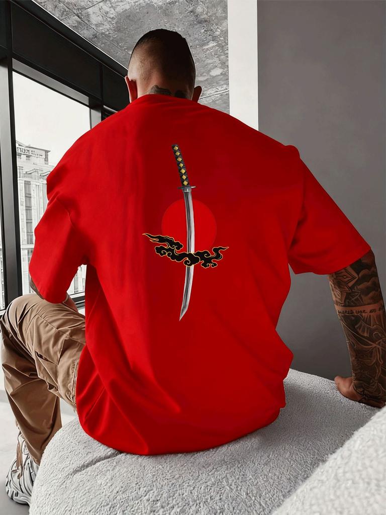 Unisexs Summer Crew Neck Short Sleeve T Shirt Back Print Japanese Katana Red Sun Cloud White Tee Streetwear LooseCasual Fashion Top