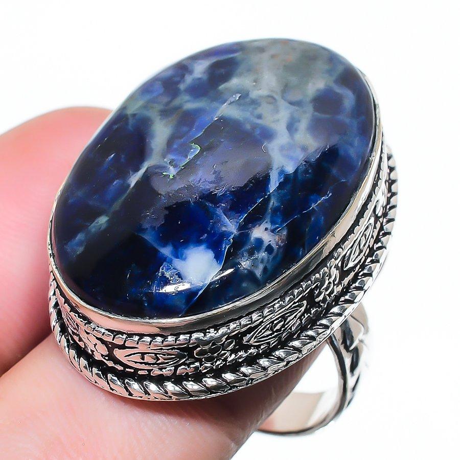 Natural Sodalite Gemstone Handmade 925 Sterling Silver Jewelry Ring Size 8 AR-17137