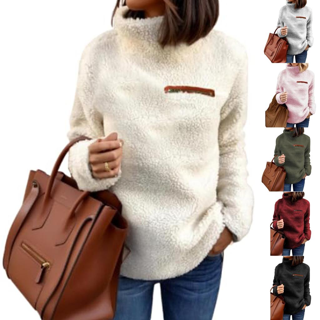 Women's Solid-color Fashionable High-neck Plush And Fleece Warm Top