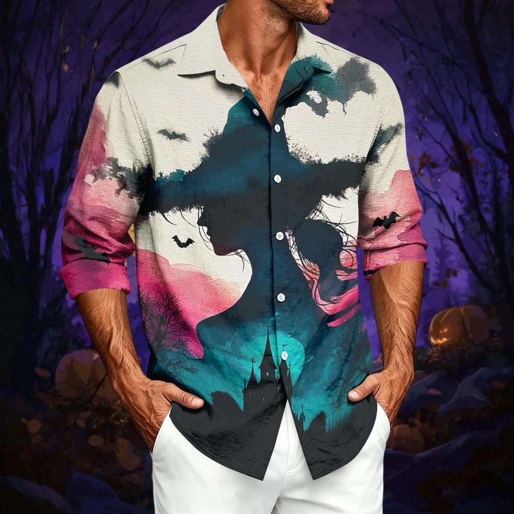 Men's Casual Long-Sleeve Shirt with Halloween Print for Spring ,Summer and Fall