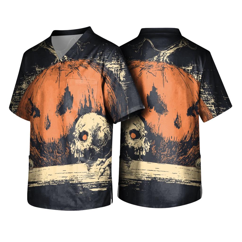 Men's Halloween Print V Neck Pocket Scrub Top Short Sleeve Medical Uniform Shirt with Graphic Design for Healthcare Professionals
