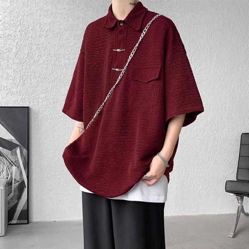 Chinese Style Vintage Loose Polo Shirts Men's Clothing Basic Solid Color Summer Turn-down Collar Stylish Button Casual T-shirts