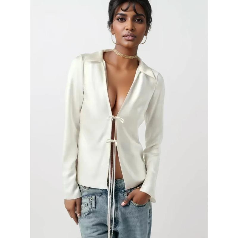 

ZaracosHm high version top весна 2024 новая женская тонкая рубашка с длинными рукавами и бантом из шелковой атласной текстуры S бежевый