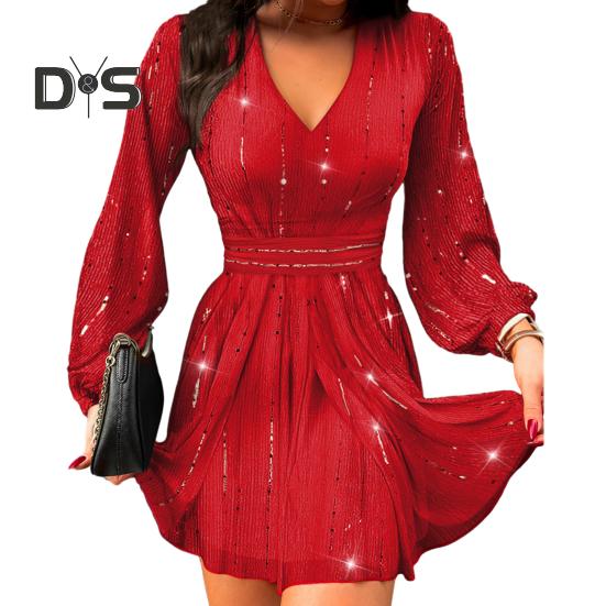 Women Dress Low Cut Deep V Neck Long Lantern Sleeves Solid Color Tight Waist Pleated A Line Big Swing Commute Lady Spring Summer Mini Dress