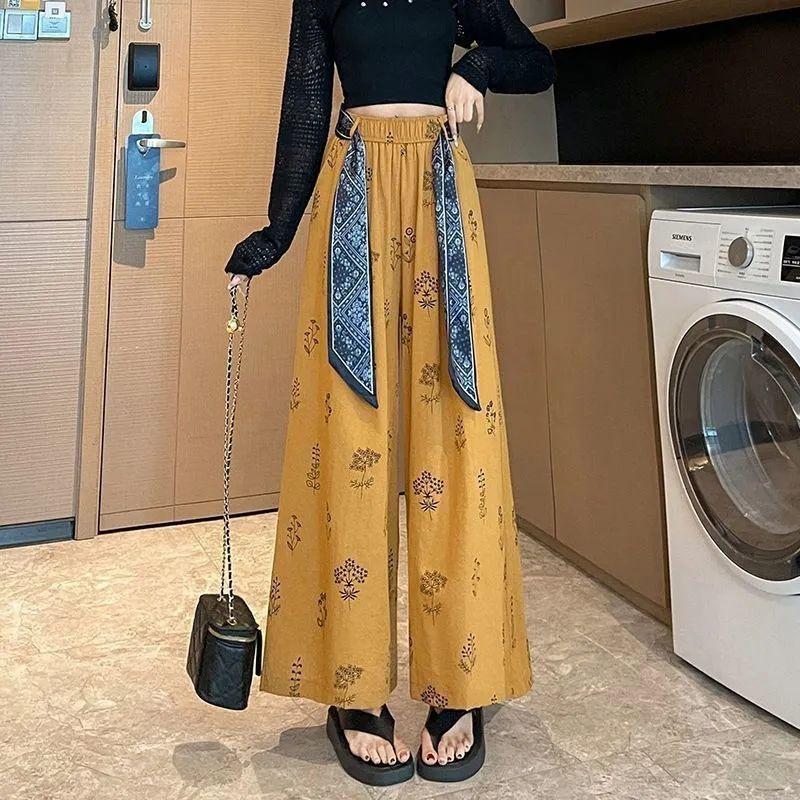 Women's Ethnic Style High-Waist Ice Silk Wide-Leg Cropped Trousers - Summer Slimming Print