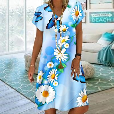 Sommermodisches V-Ausschnitt-Kleid für Damen, kurzärmelig, blau, schönes Kleid mit Gänseblümchen-Print, lockeres Freizeitkleid für Frauen