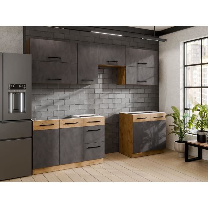 Cuisine complète ROCK 7 éléments - Décor chêne lancelot et gris matera - L260 x P 52 x H82 cm - Plan de travail non inclus