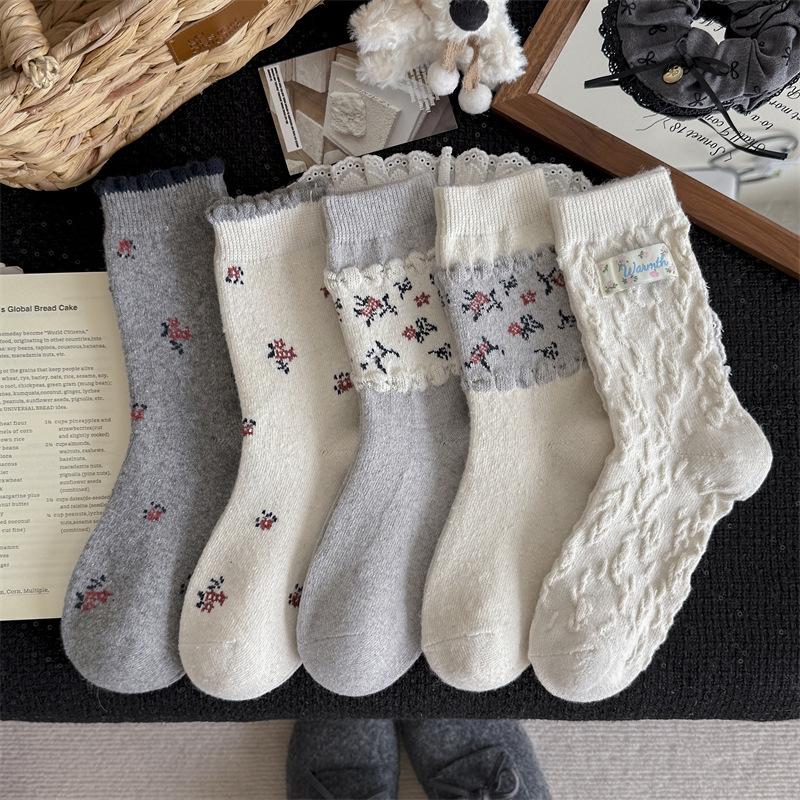 Floral Wool Socks - Children's Autumn and Winter Woolen Textured Mid-length Socks with Added Thickness for Warmth. Trendy Pile Socks for Winter.