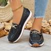 Metal Chain Decor Flat Pumps for Women Pu Leather Black Platform Loafers 2025 Summer Plus Size Thick Sole Non Slip Uniform Shoes