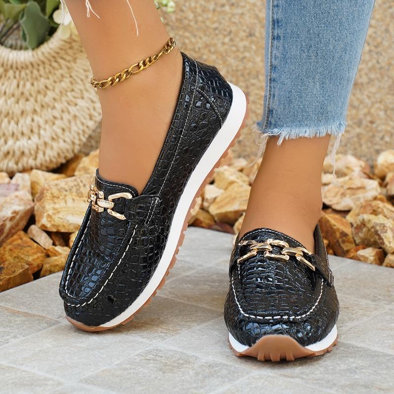 Metal Chain Decor Flat Pumps for Women Pu Leather Black Platform Loafers 2025 Summer Plus Size Thick Sole Non Slip Uniform Shoes