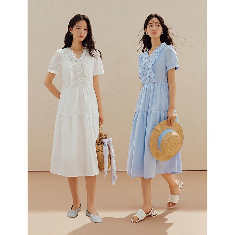 INMAN French Hollow Lace V-Neck Puff Sleeve Dress
