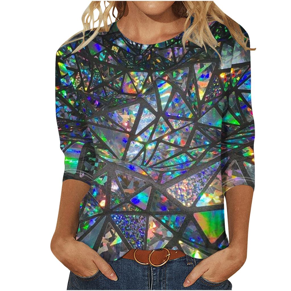 Round Neck 3D Printed Geometric Diamond Pattern Top Fashionable Casual Long Sleeved Women's T-shirts