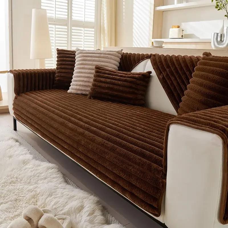 Imitation Kaninchen Flauschig Gepolstert Kaltes Sofa Kissenbezug Rutschfest Leder Zweisitzer Vollständige Abdeckung Überwurf Stoffbezug Handtuch 90x70cm gray