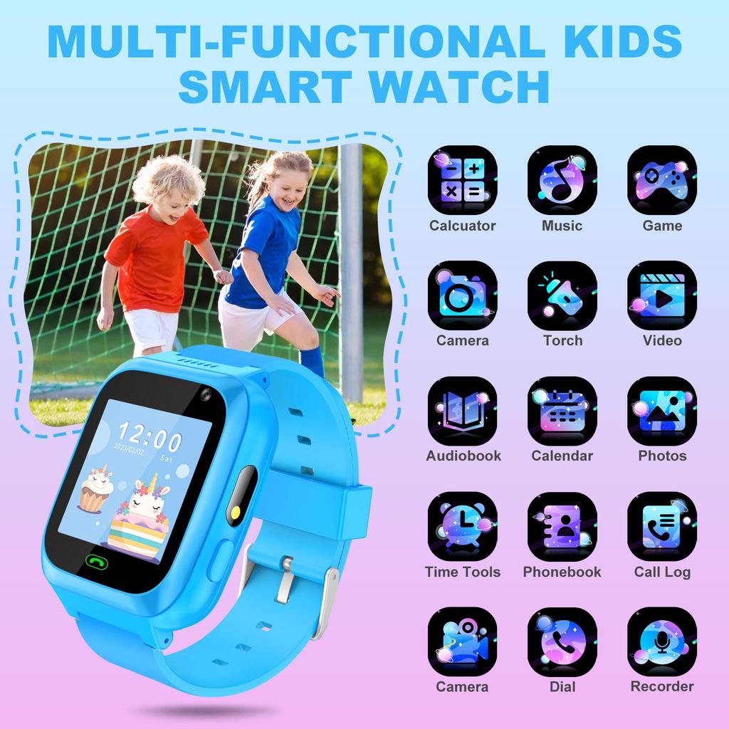 Kinder Smartwatch mit Zwei-Wege-Anruf, Kindersichere Anti-Verlust Smartwatch-Telefon, SOS-Anruf, Fernkamera, Touchscreen, Spiele