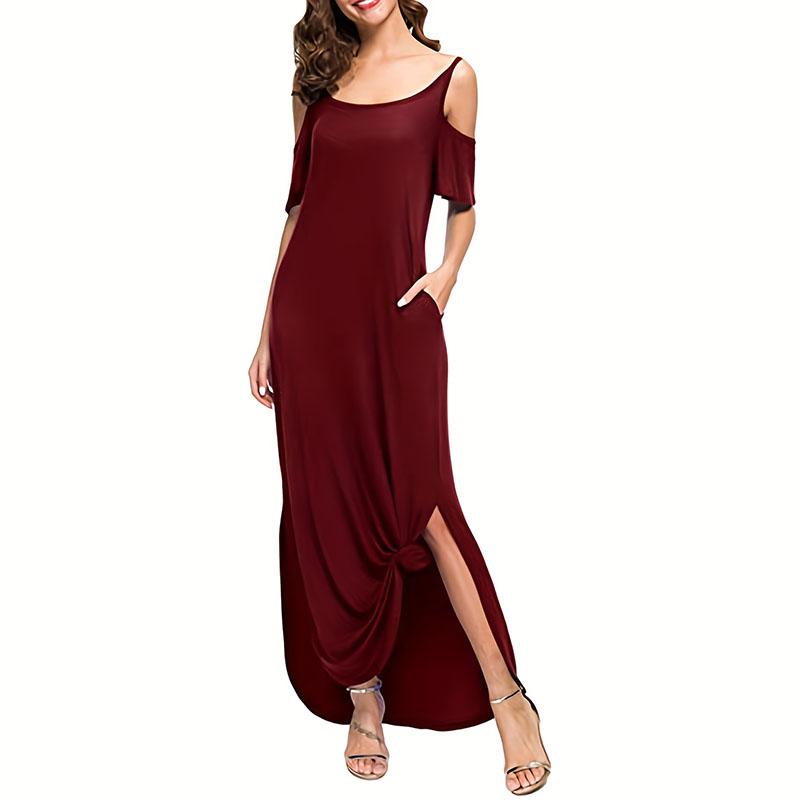 Vestito estivo da donna a maniche corte con spalle scoperte, tinta unita, largo e irregolare, con tasca