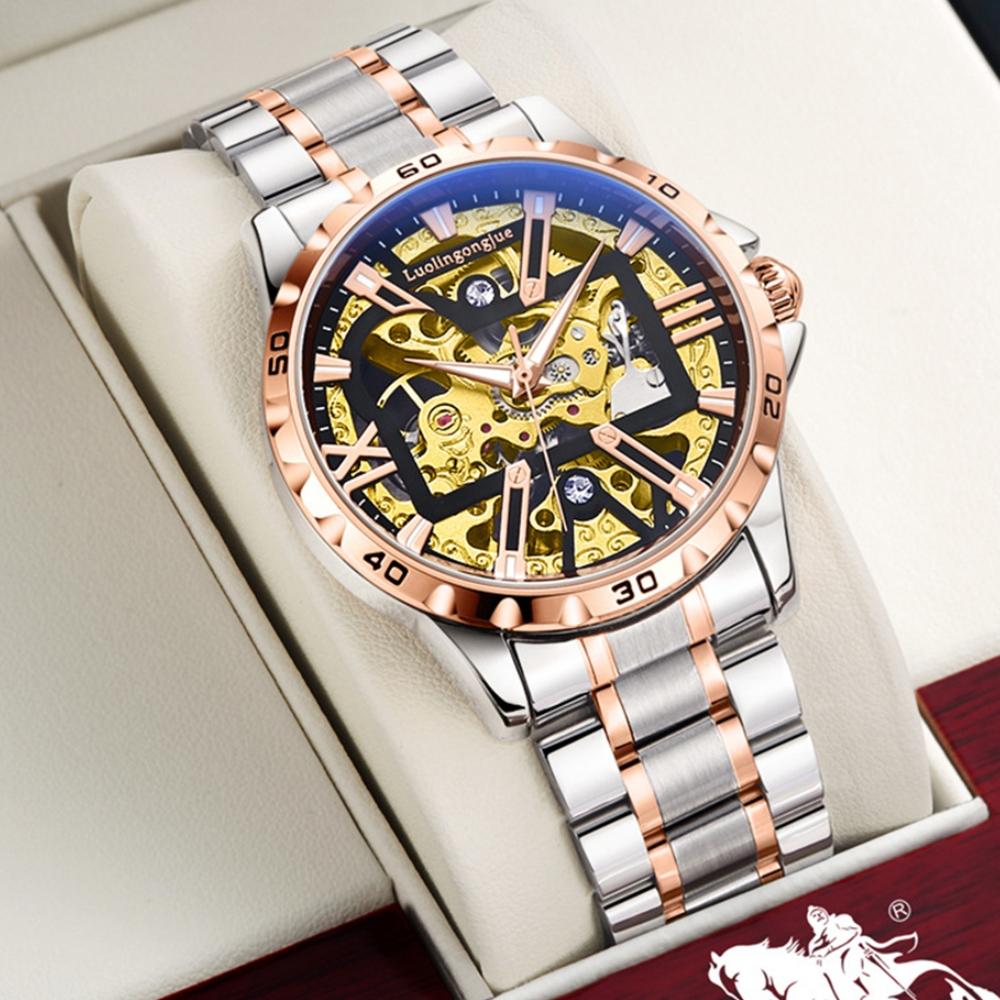 New Luxury Skeleton Automatic Mechanical Watch for Men Luminous Hands Stainless Steel Strap Retro Business Watches