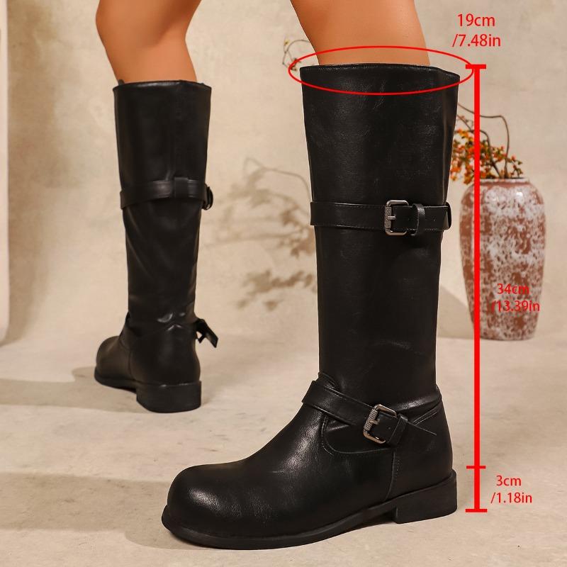 Winter Street Belt Buckle Women Knight Long Elegant Low Heel Female Slip On Knee High Top Booties De Muje