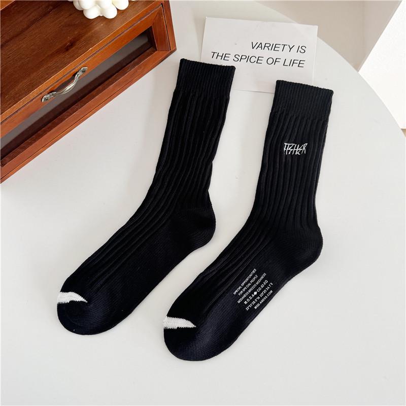 Cityboy Thick Ribbed Embroidered Mid-Calf Socks - Shawn Yue Style, Trendy Korean Cotton Couple's Socks