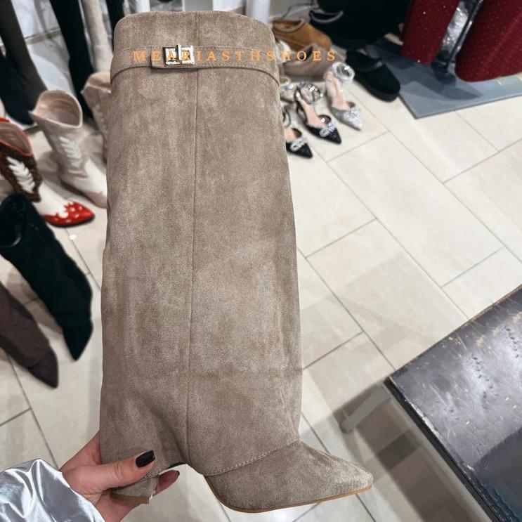 Dámske čižmy nad kolená na hrubom podpätku, špicatá špička, čierna PU koža, dlhé čižmy, dámske jesenné zimné módne žraločie Botas Mujer 42