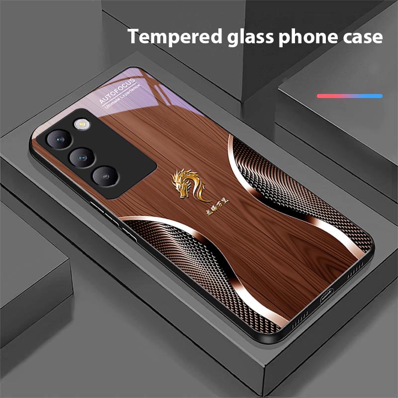 Holz Drache Für Y72 33S 11 03 36 96 Lite 35 16 Iqoo 12 V40 SE 5G 29 40 21 30 X80 Pro Vivo Gehärtetes Glas Handyhülle Schwarz