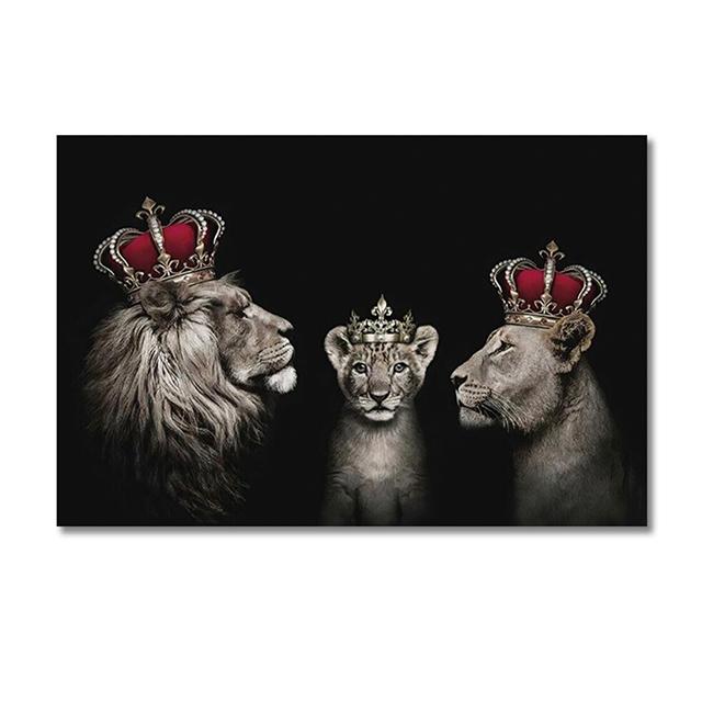 Lion Family Crown Print Canvas Painting Gallery Grade Wall Decor Posters Abstract Animal Autograph Black and White Pictures Gift