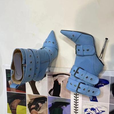 Fashion Denim Metal Rivet Belt Buckle Silver Black Short Boots Women Sexy Punk Style Pointed 12cm High-heeled Mid-calf Boots Size 34-43