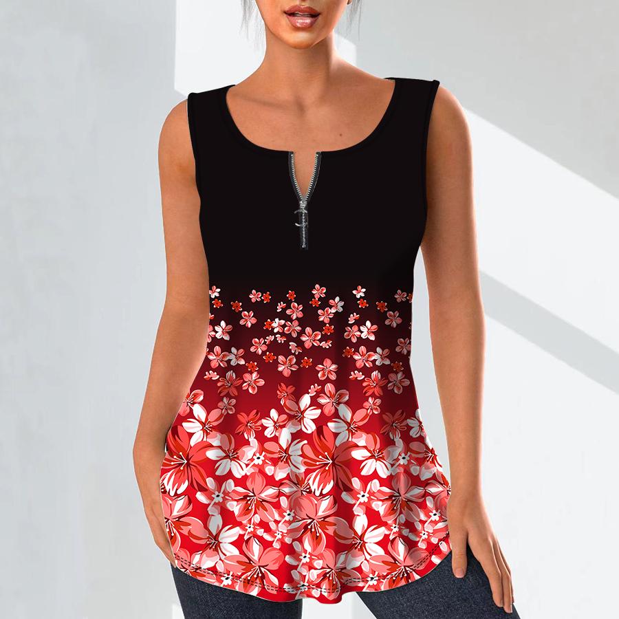 Cămăși cu decolteu în V de modă pentru femei Topuri ocazionale Tricou pentru femei 3D roșie cu imprimeu cu flori mici Bluză de dimensiuni mari Bluză fără mâneci