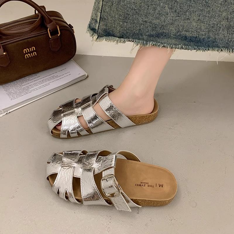 Leather baotou women's new summer hollowed-out woven one-pedal outer wear half-drag casual cool slippers