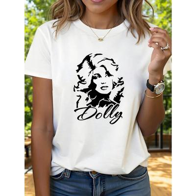 Women'S Casual Crew Neck T-Shirt with Dolly Graphic Print - Short Sleeve, Regular Length, Spring/Summer Top, White with Black Design