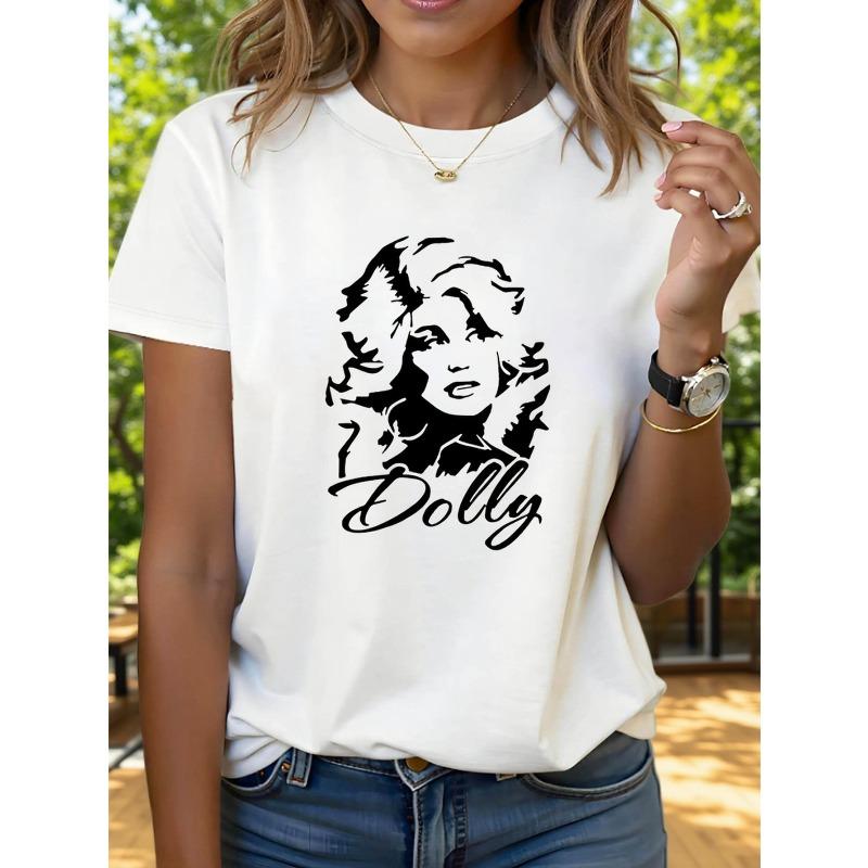 

Women S Casual Crew Neck T-Shirt with Dolly Graphic Print - Short Sleeve, Regular Length, Spring/Summer Top, White with Black Design S белый
