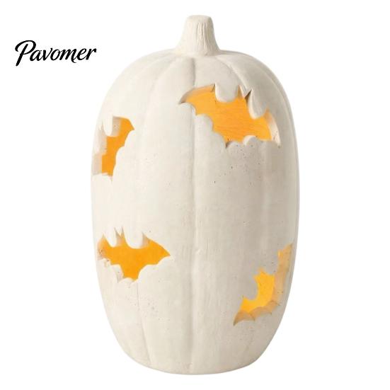 Unique Halloween Party Favors Pumpkin Resin Figurine, Bat Hollow Out Lantern with Creepy Fireplace Accents Warm Light, Spooky Indoor Outdoor