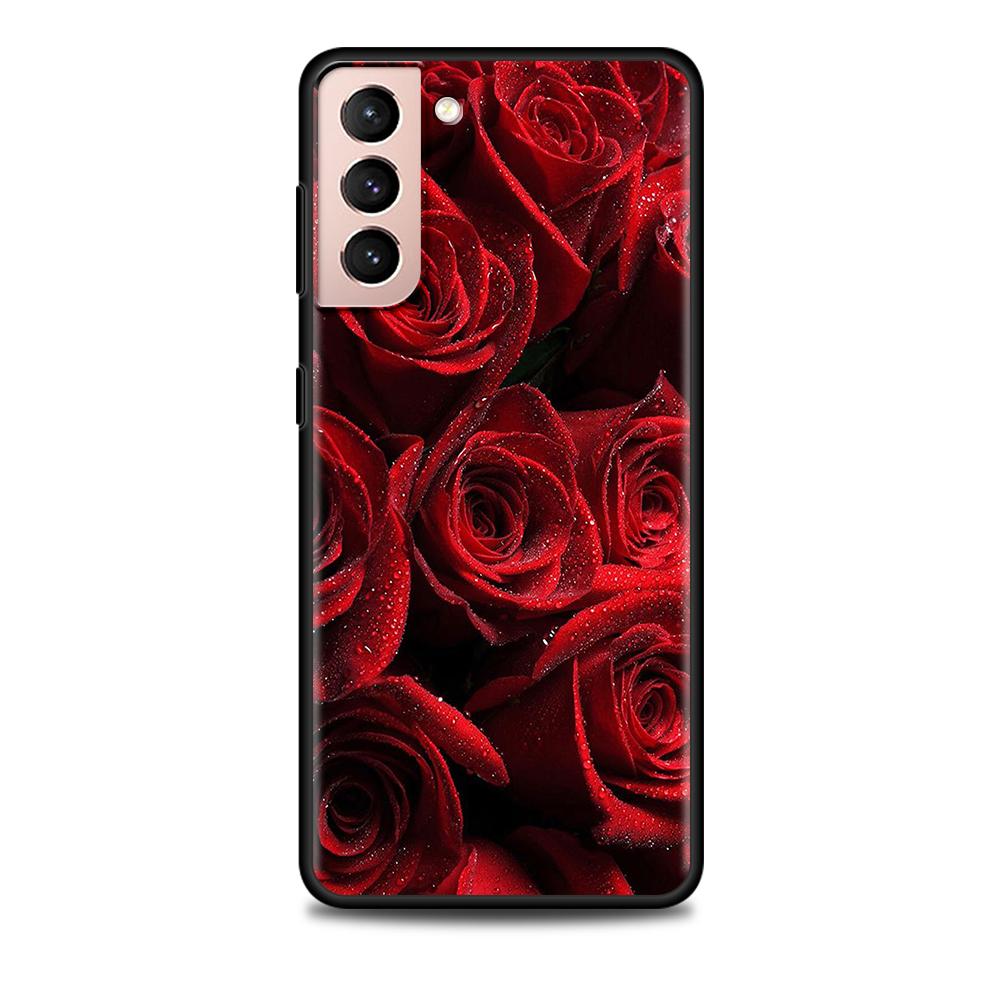 Pink Rose Bling Print Case for Samsung Galaxy S20 FE S21 S22 Ultra S10 Plus S9 S8 S10e S7 Edge Silicone Black Soft Phone Cover