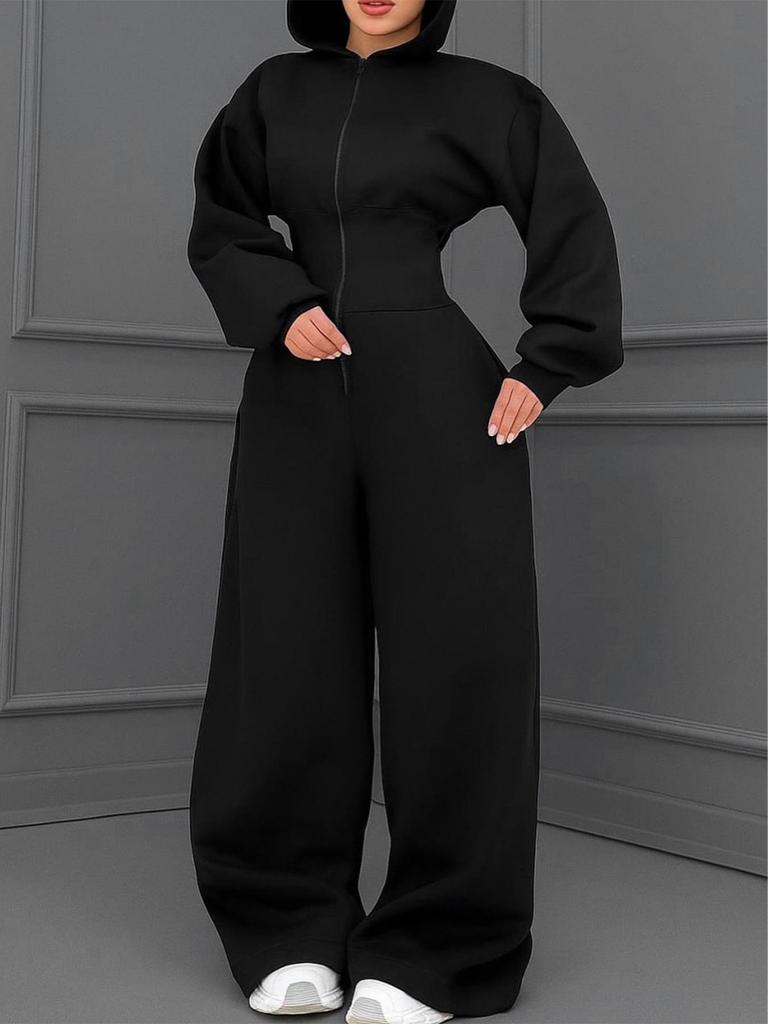 TW818 Women's Hooded Zip-Up Slimming Jumpsuit - Autumn/Winter, Elastic Waist, Solid Color