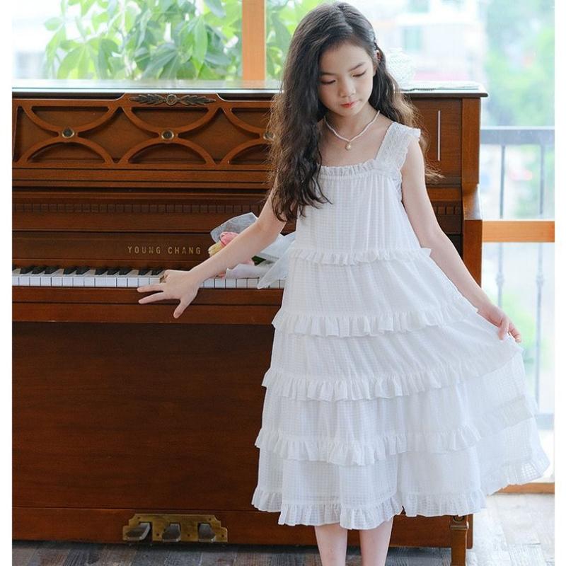 Girls' Fashionable Casual White Dress Summer Children's Elegant Tiered Dress