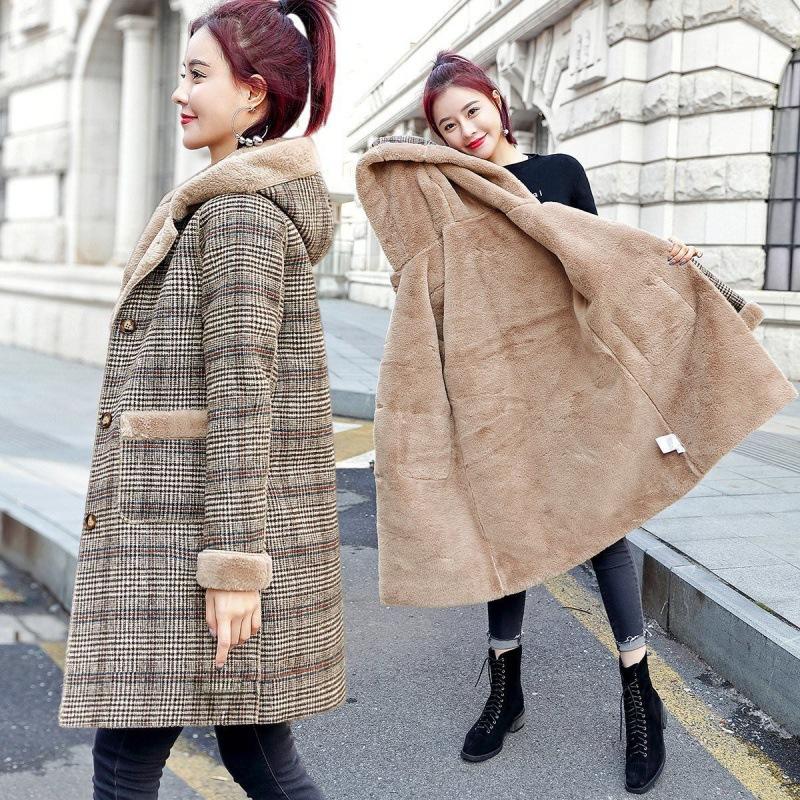 Herbst und Winter Damen Karierter mittellanger Mantel mit Kapuze, warmer Wollmantel