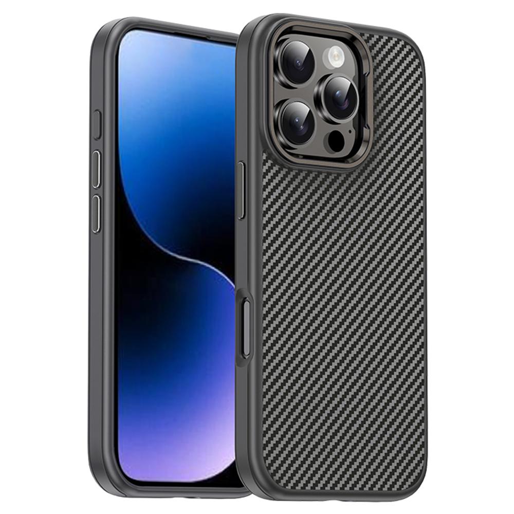 

IPAKY For iPhone 16 Pro Max TPU Case Carbon Fiber Texture Phone Cover Metal Lens Frame Grey