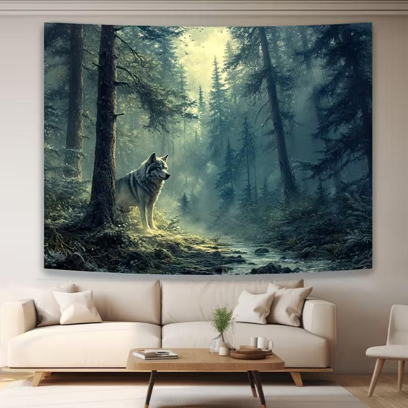 2D Magical Foggy Forest Wolf Tapestry for Living Room 47.2x31.5inch/120*80cm
